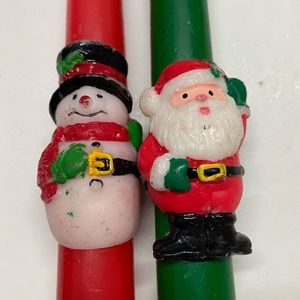 Vintage Taper Christmas Candles Candlesticks Green Santa Red Snowman Set of 2